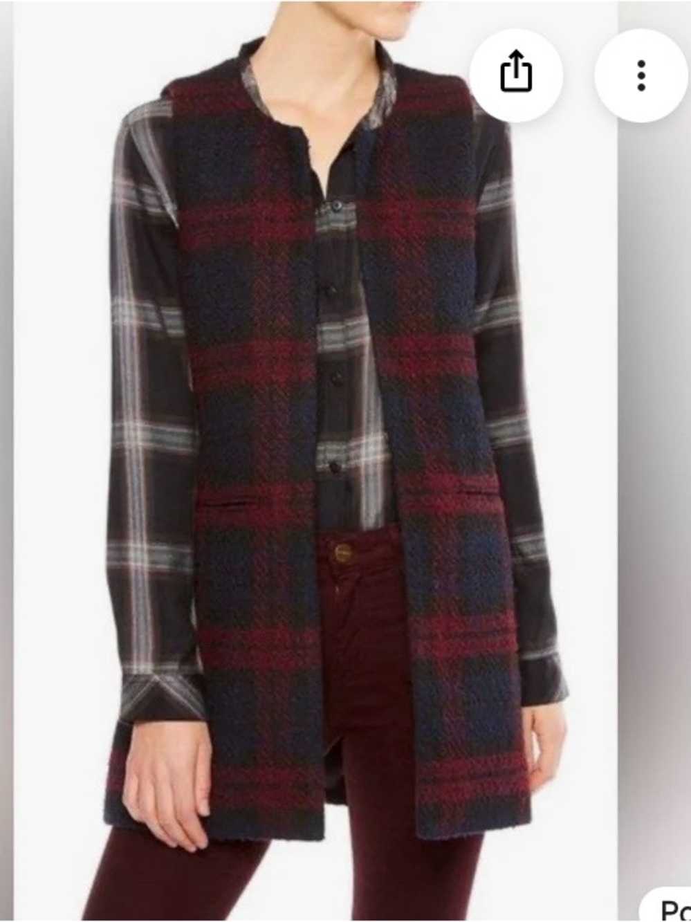 Sanctuary Cecilia Plaid Long Vest Navy & Burgundy Size XS